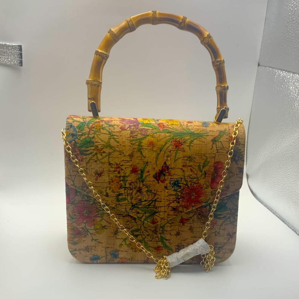 Floral Crossbody Bag with Bamboo Handle